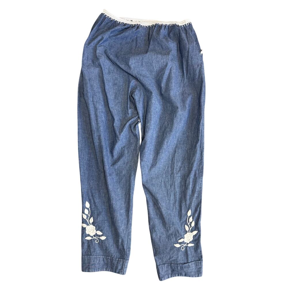 Chambray Cotton Embroidered Floral Pants Elastic Waist Boho Cottagecore Medium - Picture 2 of 7